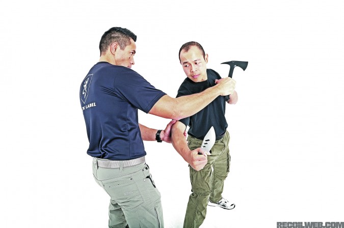 Depending on your position, countering with the 'hawk's butt-end could end a fight quickly.