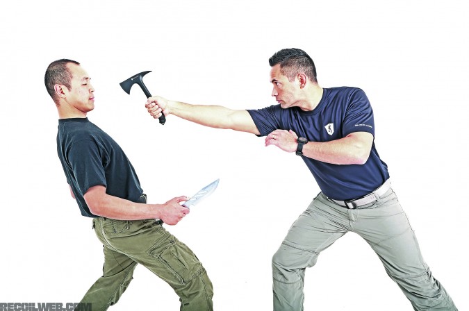 Taking out a bad guy's eyes or nose with a tomahawk is quite effective and very unexpected.