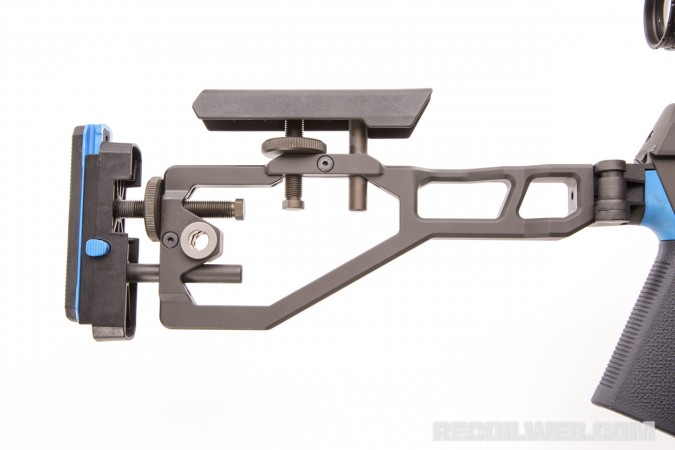 The stock is adjustable for length of pull, cheek height and shoulder height.