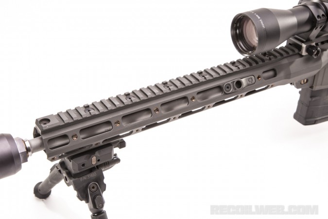 The full-length handguard and optic rail can be replaced with a short, 10-inch handguard and a short optic rail to shave some weight.
