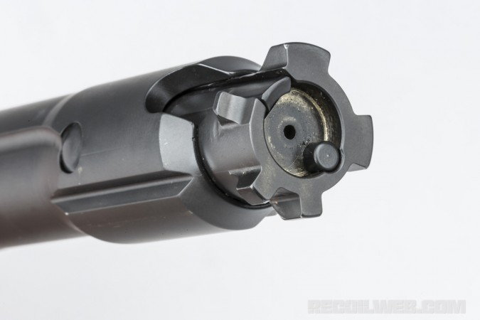 The bolt face and locking lugs that set up for a 45-degree throw.