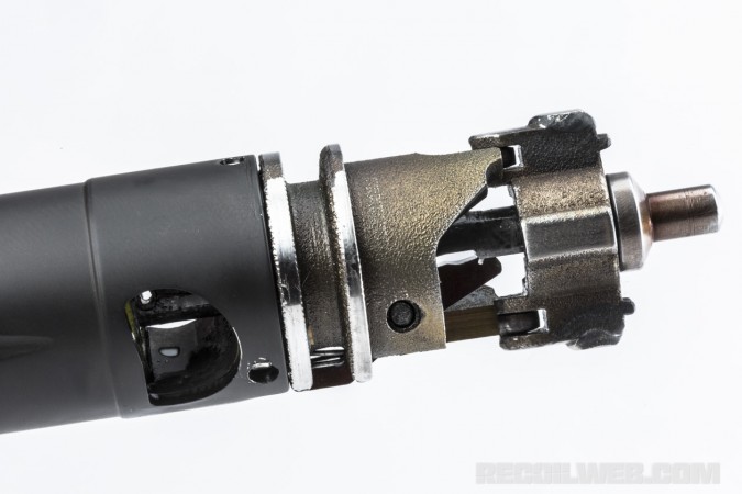 The business end of the bolt houses the sear surfaces and the balanced striker surrounded by a cock ring riding on a pair of bearings.