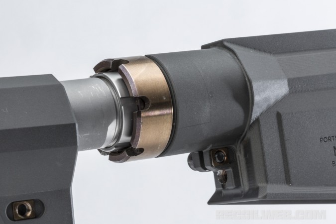 The Fix's handguard-to-barrel-to-receiver interface is a novel design that uses pinch nuts to secure the properly torqued barrel nut. Headspace is set at the factory with a locknut so all the user has to do is torque the barrel to 35 foot pounds it's held there with the pinch bolt.