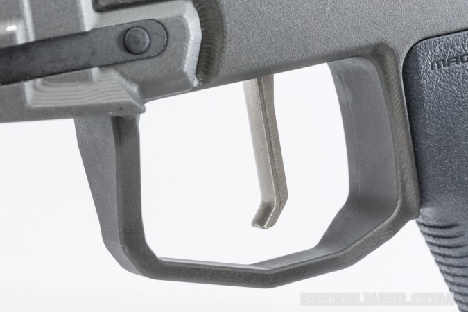 The two-stage, flat-trigger shoe with a slightly convex surface has a hook bottom that makes it easy to index for a consistent pull. The pull on the T&E gun gave us 4 ounces of take up in the first stage with a 2.2 pound break.
