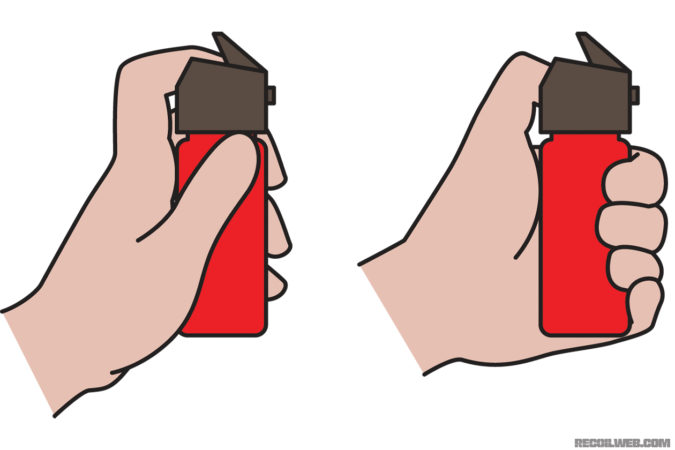 Use your thumb, not your pointer, for the best control. You aren’t using hair spray. Proper deployment method is seen on the right, improper on the left.