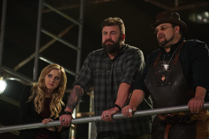 Ashley, Zeke and Trent observing contestants from overview.