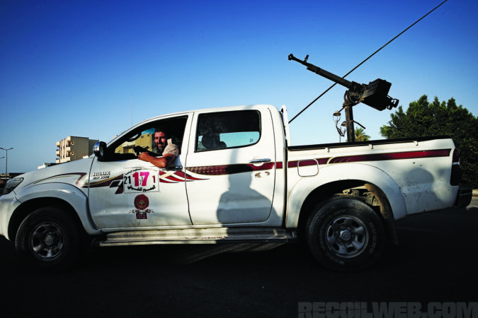 The main tool of the Libyan fighter; the diesel Toyota Hilux, a few friends and a DShK (Degtyaryova-Shpagina Krupnokaliberny) or “Dushka” welded onto the bed.