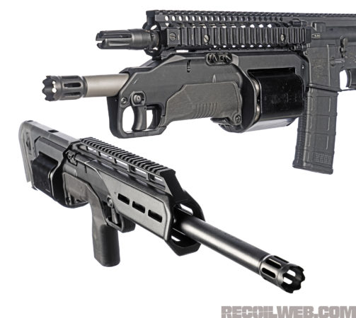 Two shotguns, same guts. Ditch the bullpup stock and screw on a short barrel, and the SIX12 plays well with an SBR.