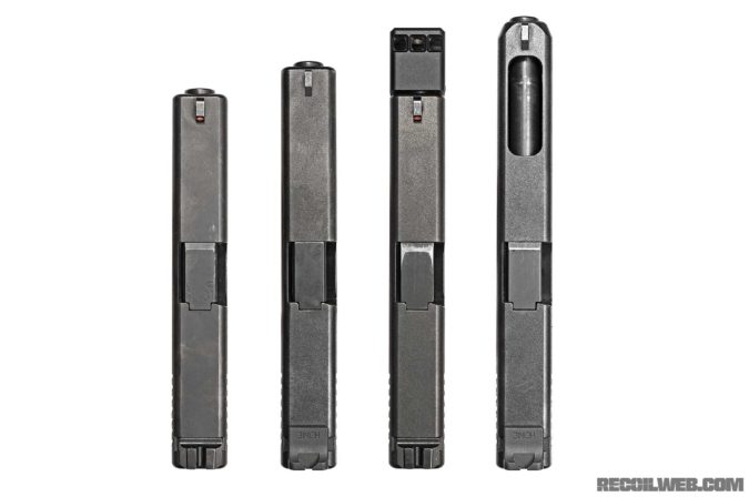 Left to right: Glock 19, Glock 17, Glock 19 with TBRCI, Glock 34