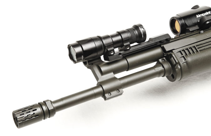 Haley Strategic’s Thorntail Mount puts the SureFire M300A within thumb’s reach. 