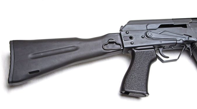 The polymer folding stock and US Palm grip come standard on the Rifle Dynamics RD-74. The featured prototype rifle is outfitted to Fuller’s preferences.