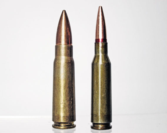 Size comparison between the 7.62x39mm (L) and 5.45x39mm (R).