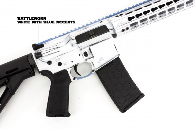 Aero-Precision_Monthly-Rifle-Giveaway_Battleworn-White-Cerakote-M4E1-Complete-Rifle_Right-Side-Angled-Close_01