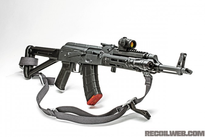 The RECOIL Custom AKM ditches the original Polish AKM furniture and replaces it with modern parts from Magpul and Troy.