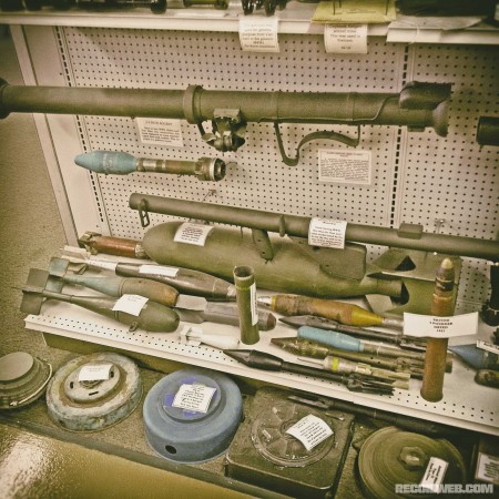 While the museum has a fine collection of vehicles, it also has a collection of small arms that are meant to take out tanks and other armored vehicles, including variations of the bazooka, an aerial bomb, anti-tank rockets, and, of course, mines!