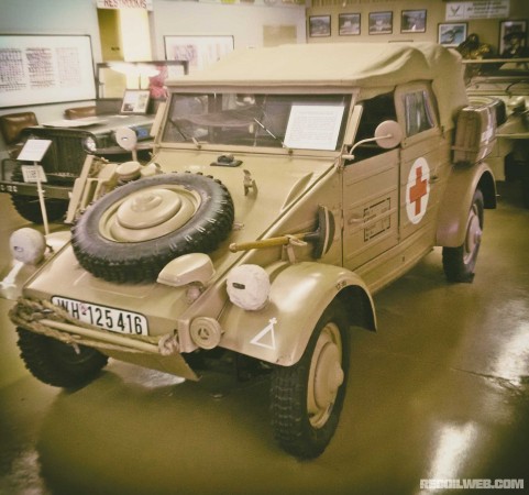 A nicely restored German Kubelwagen with tropical paint and medical identification markings.