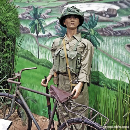 This display includes one of the only surviving military bikes used by the North Vietnamese Army during the Vietnam War. It was donated, along with the majority of the items in the collection, by an Iowa military veteran.