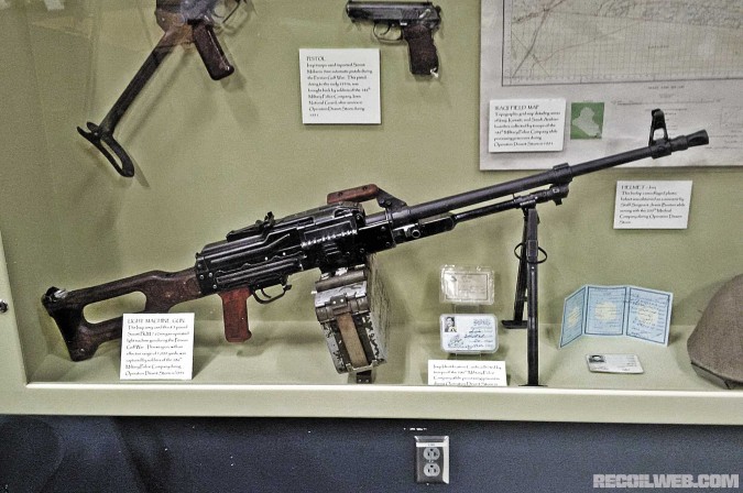 A Soviet PKM light machine gun that was captured by soldiers of the 186th Military Police Company during Operation Desert Storm in 1991.