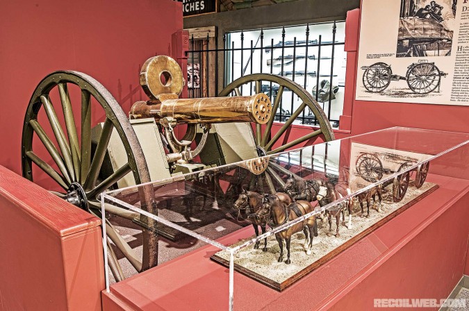 Visitors can marvel at this rare, mounted Gatling gun. A miniature model, complete with horses, demonstrates its practical purpose during the Civil War.