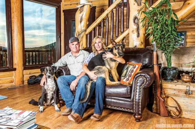 At home on the ranch in Idaho with husband, Eric, and dogs Spot and Stuka.