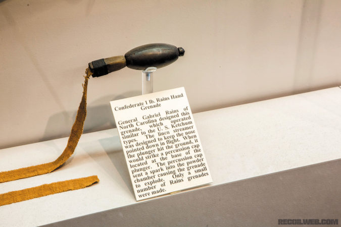 Confederate 1-pound Rains Hand Grenade. The streamer was designed to keep the nose point down, and when the plunger hit the ground it would strike the percussion cap, sending a spark into the powder chamber causing it to explode. 