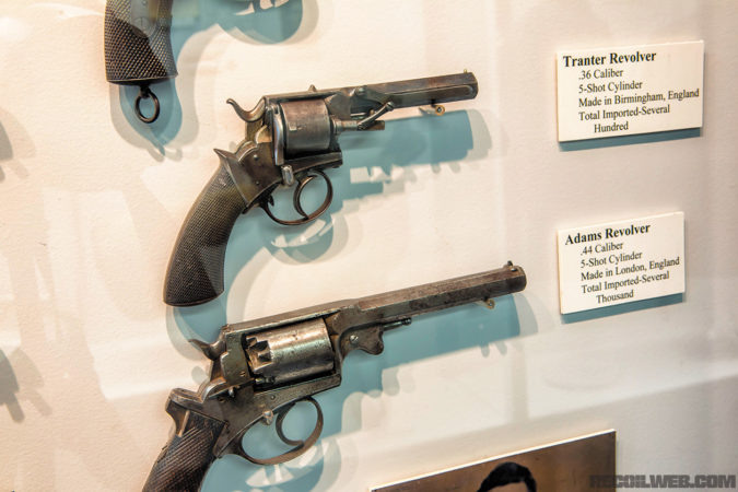 Top: Tranter Revolver .36 caliber five-shot cylinder, made in Birmingham, England. Bottom: Adams Revolver, .44 caliber, five-shot cylinder, made in London, England. 