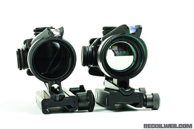 The makers of this fake Trijicon ACOG, left, didn’t even bother to use magnifying lenses. It’s a 1x. Also, notice the lack of lens coating on the fake optic.