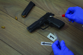 Forensics takes a DNA sample to sterile sticks with gun found at the crime scene