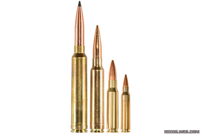 Left to right: .375 Lethal Magnum, .338 Edge, 7.62 Nato, 5.56 Nato.