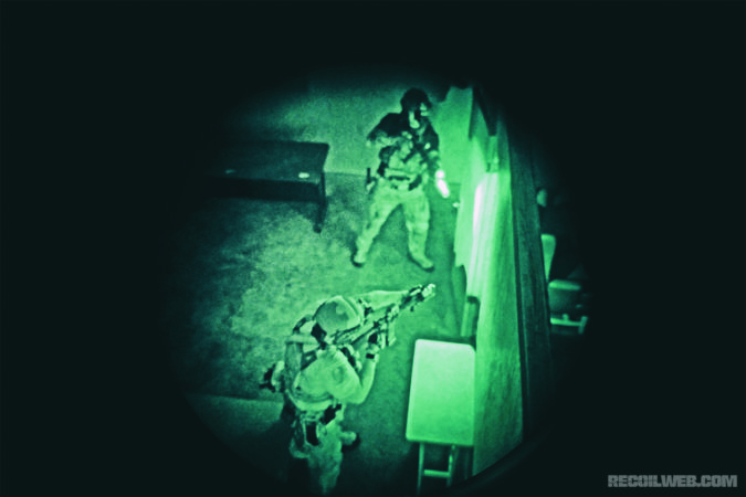 IR and NVD technology, when combined properly and employed skillfully, allows an assaulting force to conduct CQB in total darkness.