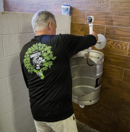A beer keg converted into a urinal can be found in Omaha Brewing Company's mens room. 