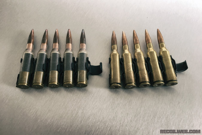 Larger calibers equal a greater weight burden on the infantry. One way to deal with it is the introduction of polymer-cased rounds, such as the 338 NM cartridges (left) seen here beside standard brass (right).