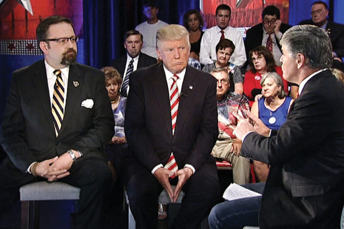 Gorka on the campaign trail with then-candidate Trump in August, 2016 during an appearance on the Sean Hannity Show in Milwaukee.