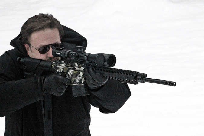 Gorka is unenthusiastic about the AR-15 and its “puny” .223, but gets excited about the AR platform when they step up in caliber. Here he’s shooting the Nemo Arms Omen in .300 Win Mag.