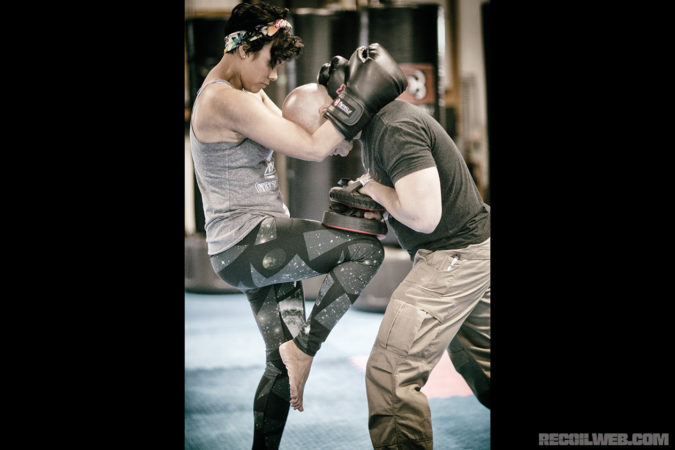 Chad has Sheena Green working knee strikes on the focus mitts from a clinch position.