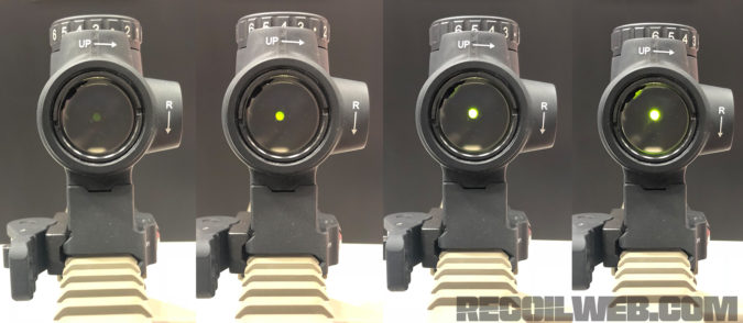 The Trijicon MRO Green dot intensity can be adjusted to eight brightness settings, including two night vision-compatible modes.