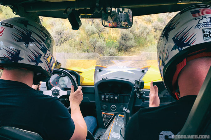 The author and his driving partner navigate a miles-long off-road course using a tablet equipped with ATAK software.
