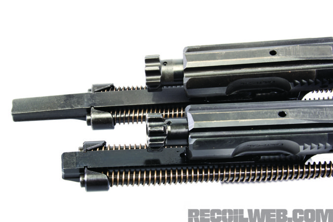 Legacy MCX carrier group top, Rattler below. Note shortened carrier due to gas piston location and ramped bolt locking surfaces.