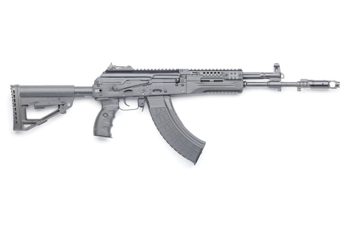 The AK-15 was modernized to improve accuracy and options for mounting optics. Note the combined front sight/gas block and tensioned top cover design with an integral rail.