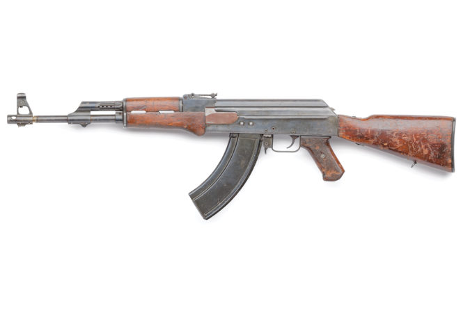 An AK-47 “trials gun,” one of the oldest Kalashnikovs in the world. From the initial military trials in 1947 and 1948, it features a combination muzzle brake and front sight.