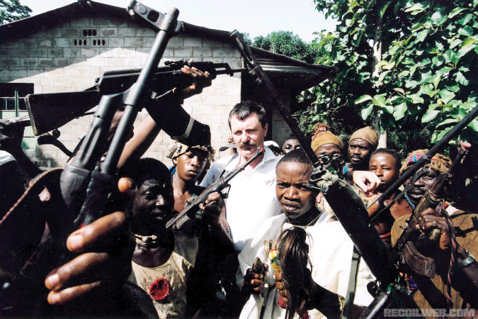 In Sierra Leone with the tribal hunters/militia called the Kamajor, who were hired by the mercenary company Sandline.