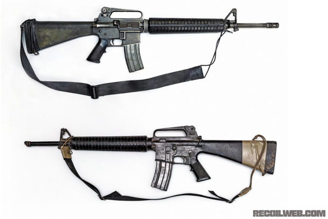 The 3/75 Ranger M16A2s. The blank-firing M16A2 (top) was an export M16A2 from Guatemala manufactured by Colt and redressed for The Green Zone. The rubber dummy prop (bottom) was used in the production of Black Hawk Down and carries the distinctive green duct tape used to recreate the Rangers’ weapons. 