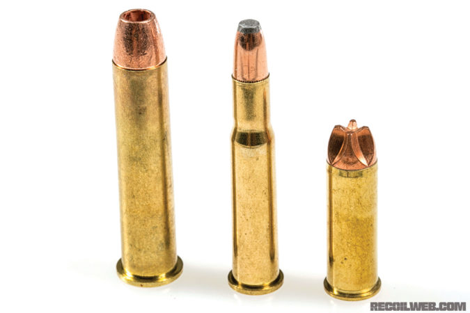 Barnes 300gr 45-70, left, is a flying tank compared to other popular lever gun cartridges, such as 30-30 and 44 Magnum. The bullet expands to 3/4 of an inch in ordnance gelatin.