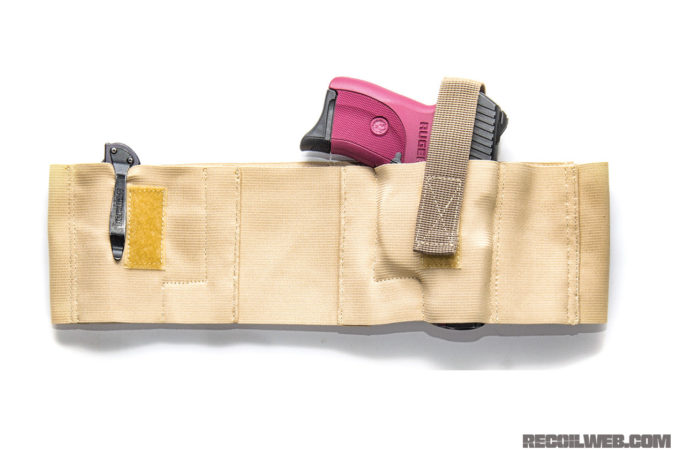 Right: Bellyband made of double layer elastic strip with Velcro can carry your pistol, backup magazine, knife, cell phone, and ID card