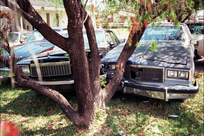 During the crash Platt and Matix were pinned between a civilian Oldsmobile Cutlass (left), a tree, and FBI Agent Manauzzi’s bureau Buick. (FBI)