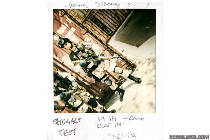 This production Polaroid photo of actor Johnny Strong, in his role as Sergeant First Class Randall Shughart, shows both, one of the hero M14s used in filming and another glimpse of the Gordon CAR-15. 