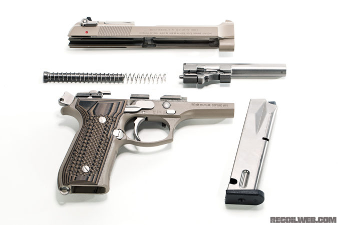 The excellent Robar finishes aren’t only easy on the eyes, but enhance both durability and dry lubricity. Here the disassembled custom Beretta 92FS.