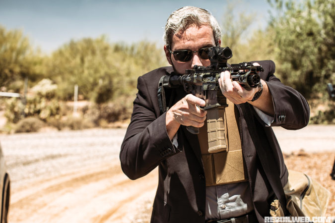 The First Spear Slick and Grey Ghost Wanderer provide rifle-plate protection and the ability to conceal a rifle-caliber PDW with folding stock (or brace). We wore the Slick over our dress shirt for demo purposes, but wearing it underneath is equally as comfortable.