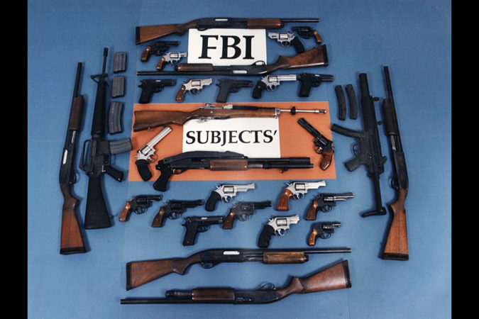 The FBI’s firepower, in blue, would’ve been much greater had the entire collection of agents on area stakeouts that day arrived at the shootout. Instead, Matix and Platt’s weapons, in orange, went against agents’ five revolvers, three pistols, and two shotguns. (FBI)