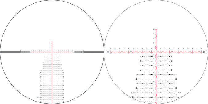 Left: On a low magnification setting, the Mil-XT reticle has open space and a large field of view. Right: On higher magnification levels, the Mil-XT gives multiple points of reference for precise aiming.